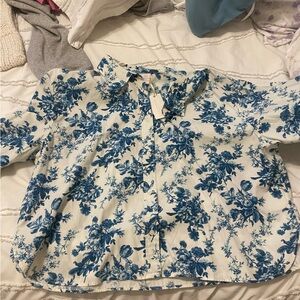 Blue Floral Print Button-Up Shirt